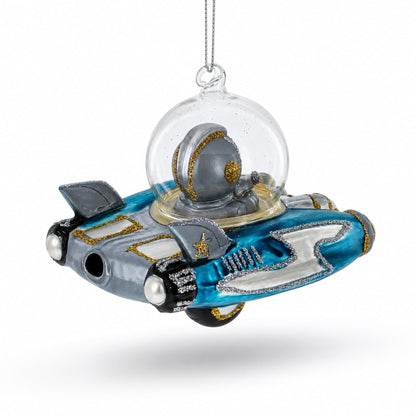 Santa Riding Spaceship Glass Christmas Ornament