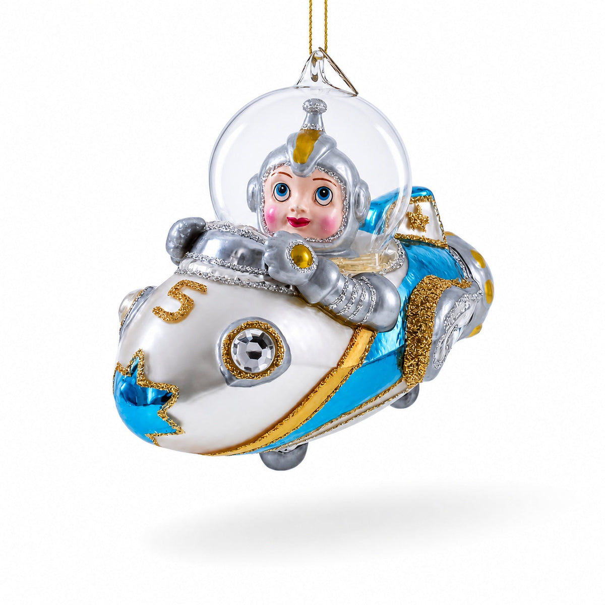 Astronaut Driving Spaceship Glass Christmas Ornament