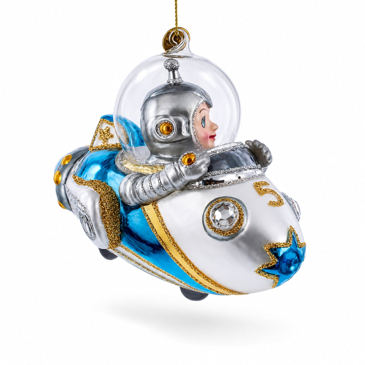 Astronaut Driving Spaceship Glass Christmas Ornament