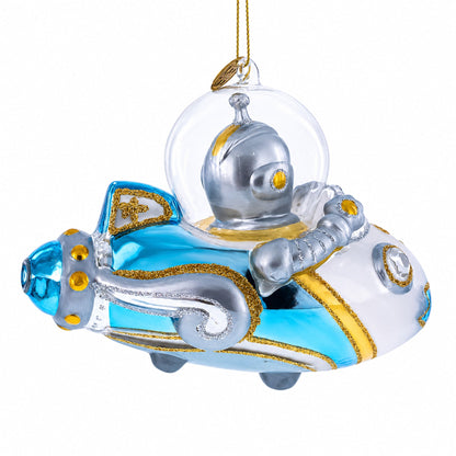 Astronaut Driving Spaceship Glass Christmas Ornament