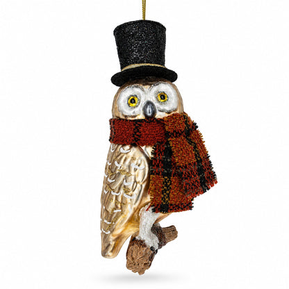 Owl in Black Hat and Scarf Glass Christmas Ornament