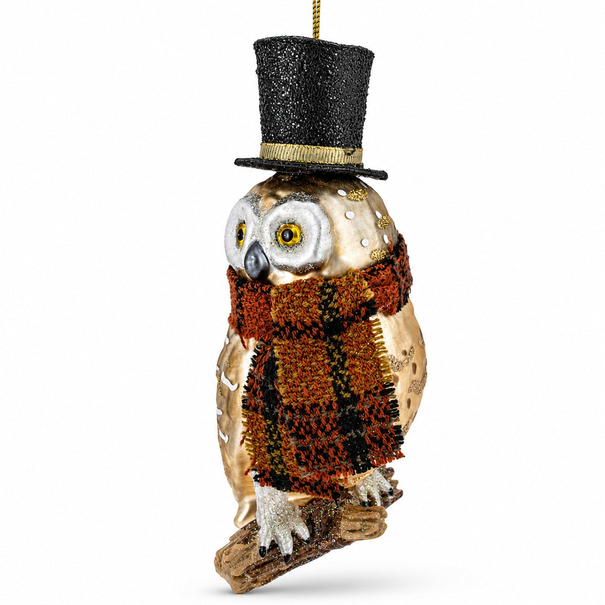 Owl in Black Hat and Scarf Glass Christmas Ornament