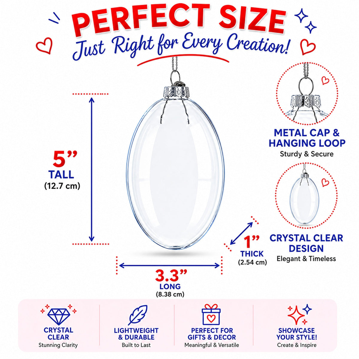 Set of 3 Oval Flat Discs Clear Glass Christmas Ornament, 5 Inches