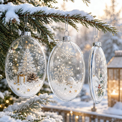 Set of 3 Oval Flat Discs Clear Glass Christmas Ornament, 5 Inches