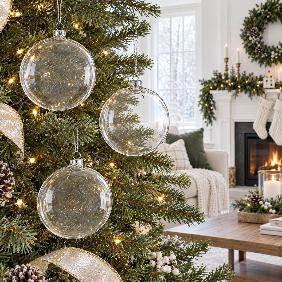 Set of 3 Flat Disc Clear Glass Christmas Ornaments 5.4 Inches
