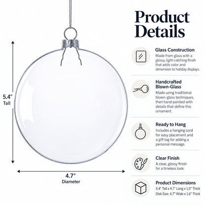 Set of 3 Flat Disc Clear Glass Christmas Ornaments 5.4 Inches
