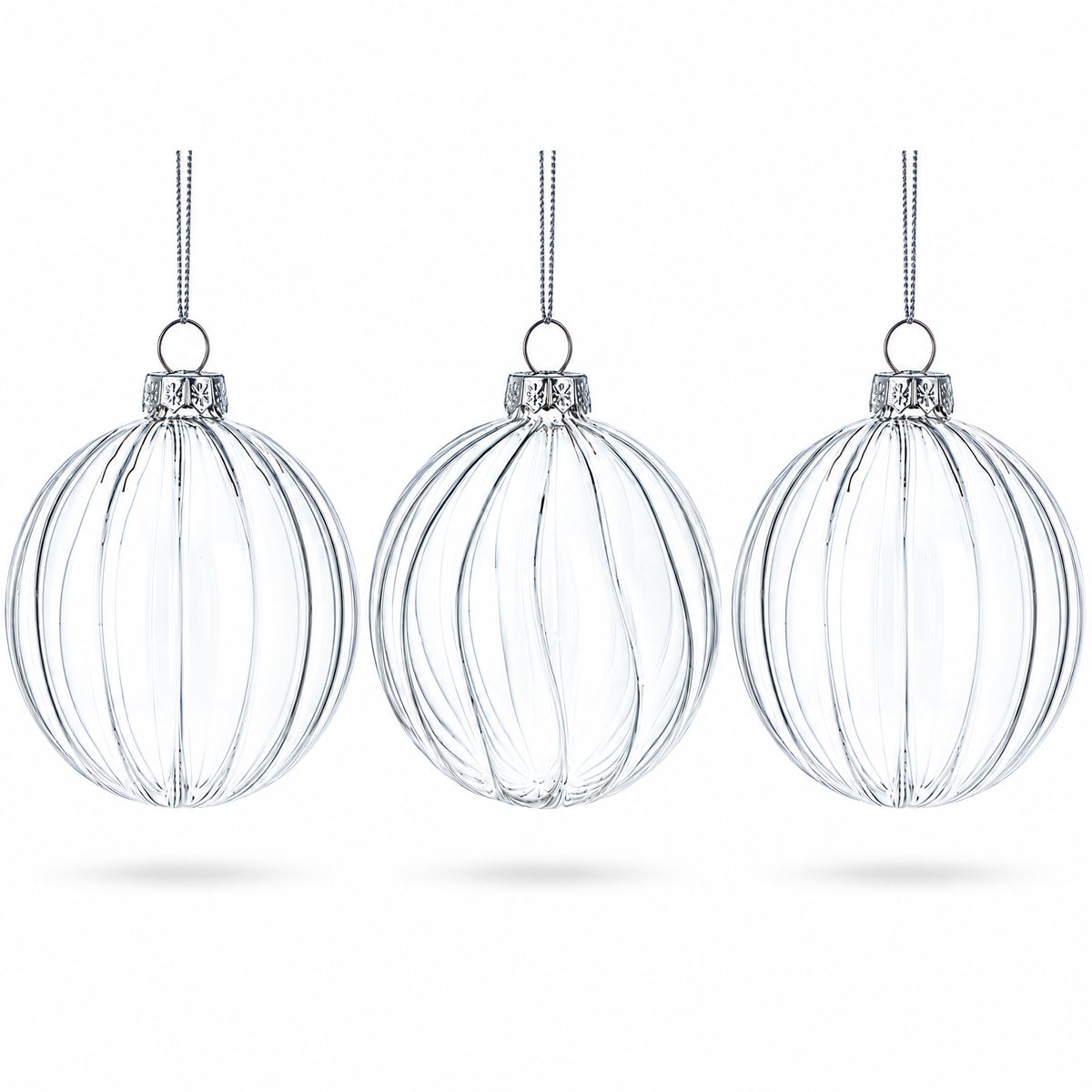 Elegant Set of 3 Striped Clear Glass Ball Christmas Ornaments 3.5 Inches