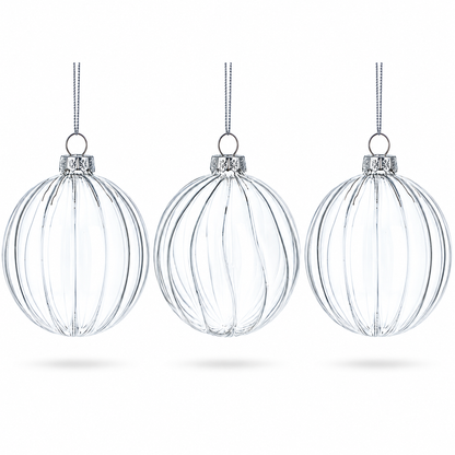 Elegant Set of 3 Striped Clear Glass Ball Christmas Ornaments 3.5 Inches