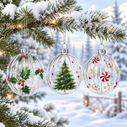 Elegant Set of 3 Striped Clear Glass Ball Christmas Ornaments 3.5 Inches