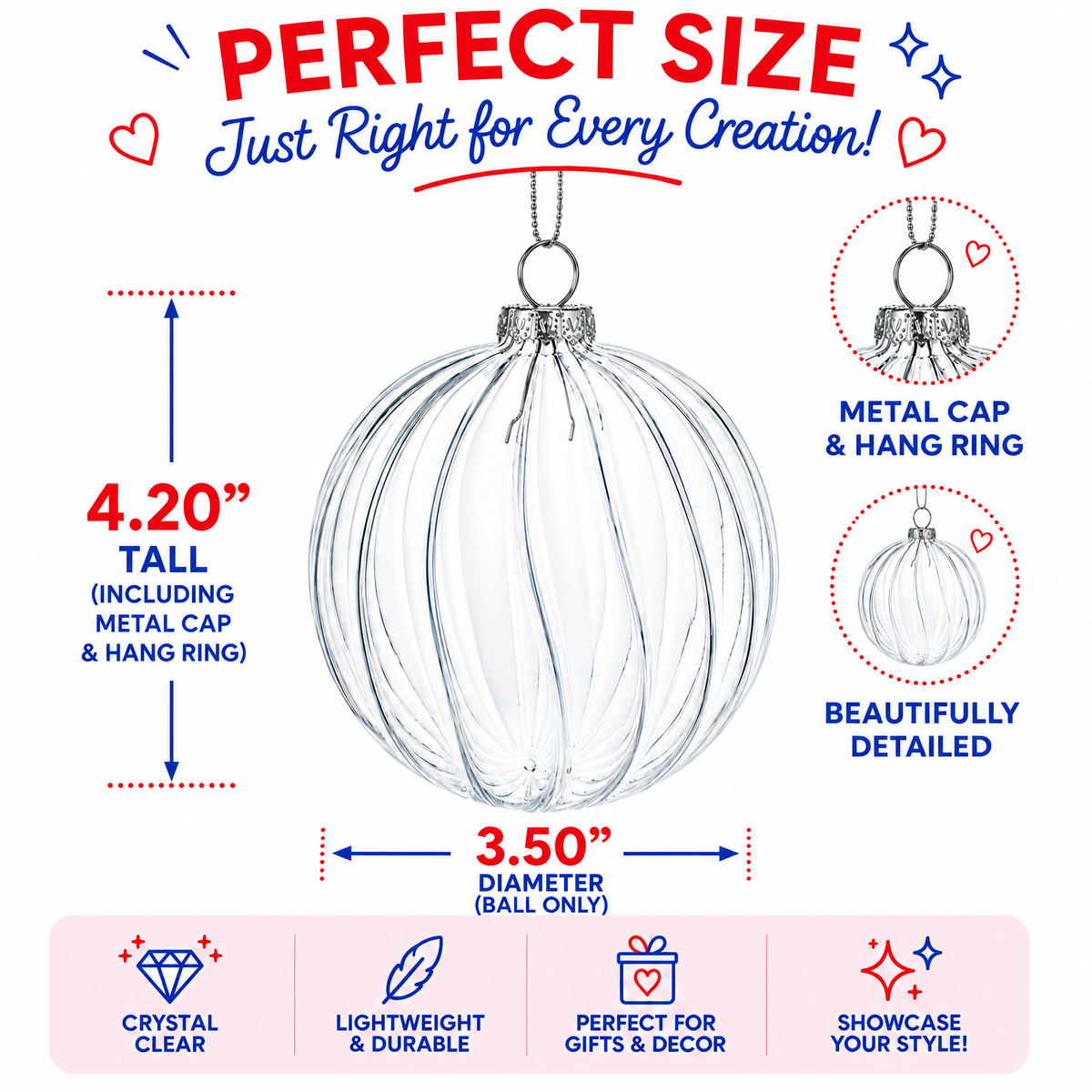 Elegant Set of 3 Striped Clear Glass Ball Christmas Ornaments 3.5 Inches
