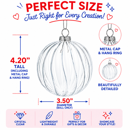 Elegant Set of 3 Striped Clear Glass Ball Christmas Ornaments 3.5 Inches