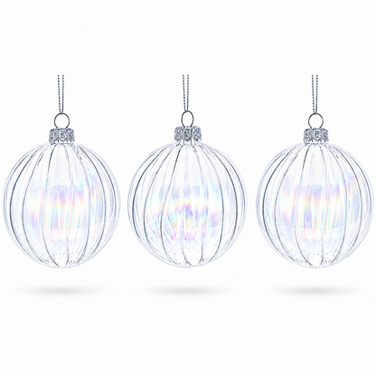 Set of 3 Iridescent Clear Glass Ball Christmas Ornaments 3.6 Inches