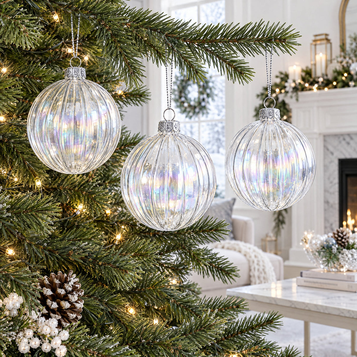 Set of 3 Iridescent Clear Glass Ball Christmas Ornaments 3.6 Inches