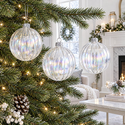 Set of 3 Iridescent Clear Glass Ball Christmas Ornaments 3.6 Inches