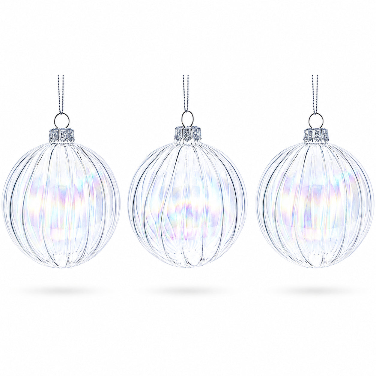 Set of 3 Iridescent Clear Glass Ball Christmas Ornaments 3.6 Inches