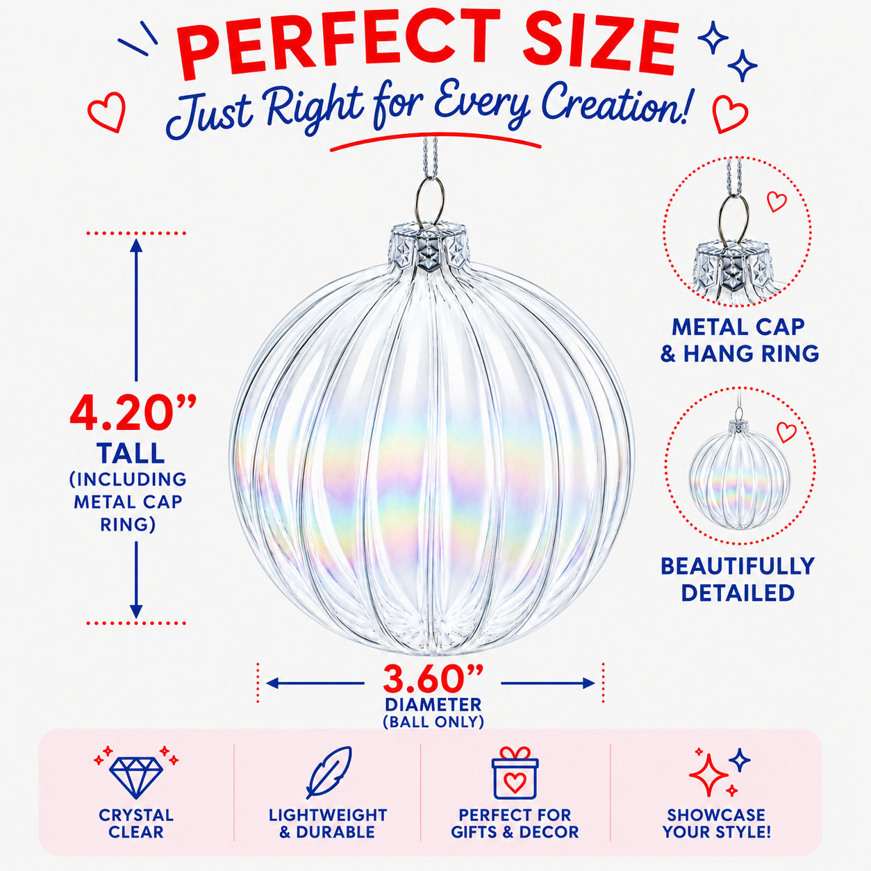 Set of 3 Iridescent Clear Glass Ball Christmas Ornaments 3.6 Inches