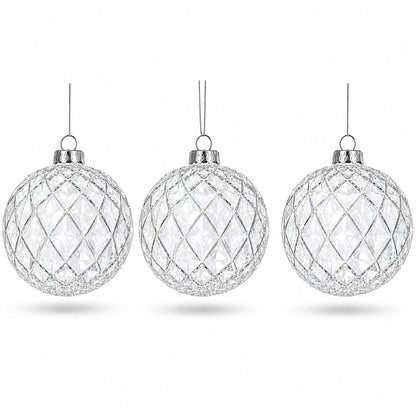 Set of 3 Clear Ribbed Sphere Glass Christmas Ornament 3.5 Inches