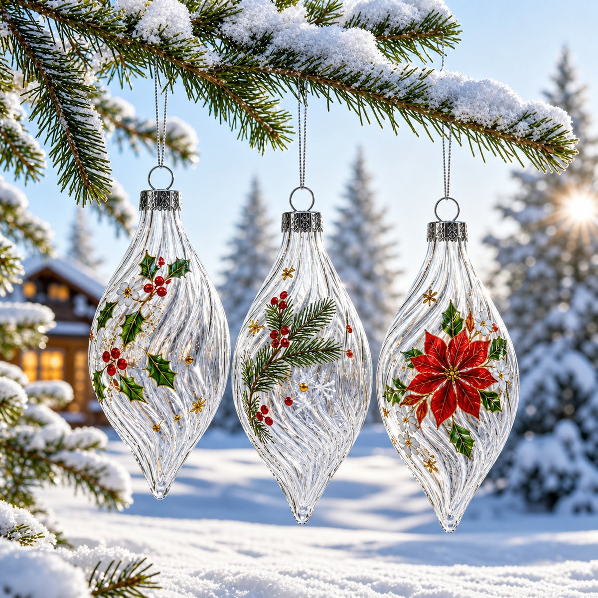 Set of 3 Clear Glass Swirl Christmas Ornaments 5.8 Inches