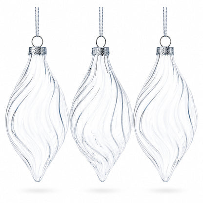 Set of 3 Clear Glass Swirl Christmas Ornaments 5.8 Inches