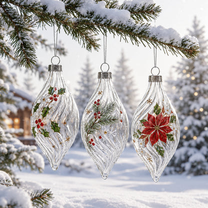 Set of 3 Clear Glass Swirl Christmas Ornaments 5.8 Inches