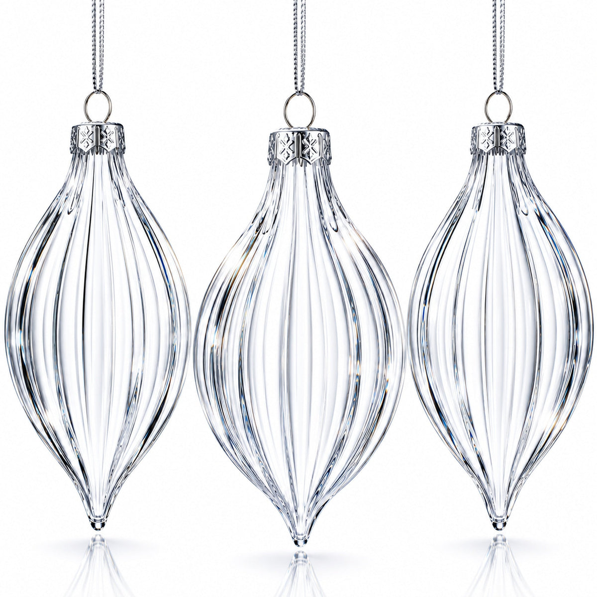 Set of 3 Striped Rhombus Finial Clear Glass Ornament 5.8 Inches