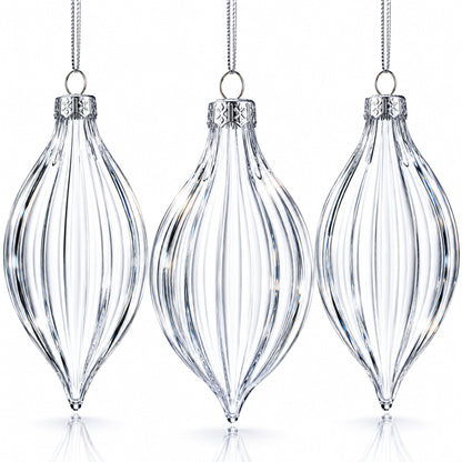 Set of 3 Striped Rhombus Finial Clear Glass Ornament 5.8 Inches