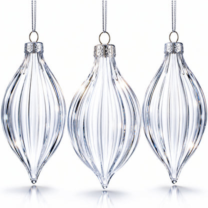 Set of 3 Striped Rhombus Finial Clear Glass Ornament 5.8 Inches