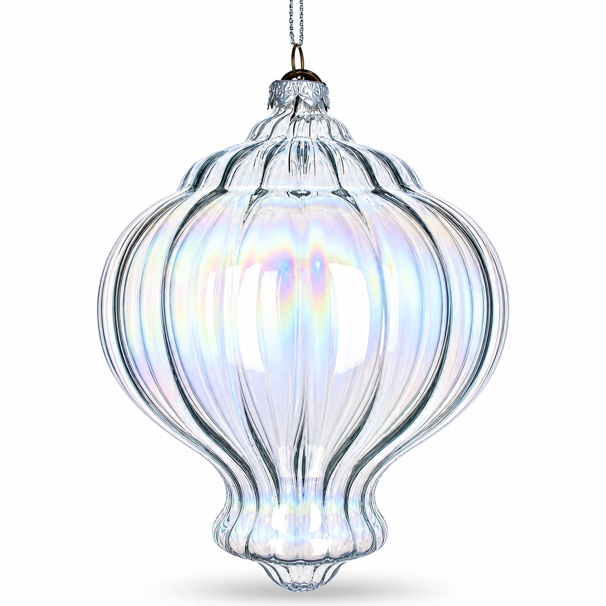 Lantern Shape Finial Clear Iridescent Glass Christmas Ornament 5.3 Inches