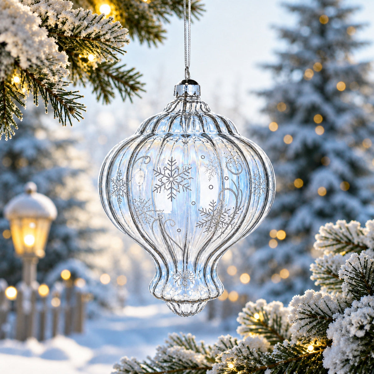 Lantern Shape Finial Clear Iridescent Glass Christmas Ornament 5.3 Inches