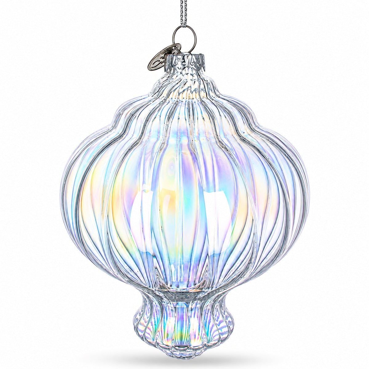 Lantern Shape Finial Clear Iridescent Glass Christmas Ornament 5.3 Inches