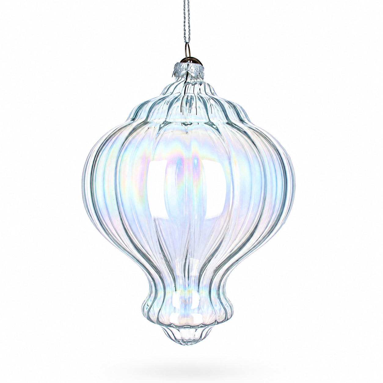 Lantern Shape Finial Clear Iridescent Glass Christmas Ornament 5.3 Inches