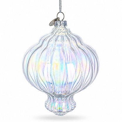 Lantern Shape Finial Clear Iridescent Glass Christmas Ornament 5.3 Inches