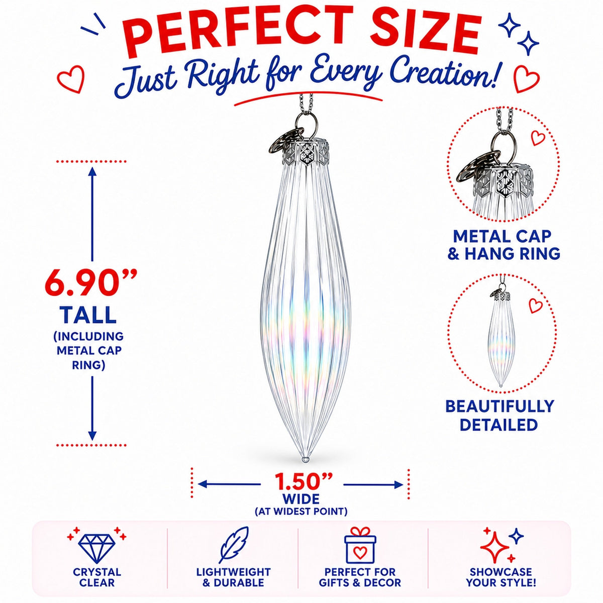 Iridescent Clear Glass Icicle Christmas Ornament 6.9 Inches