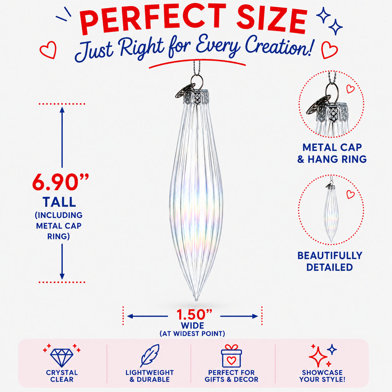 Iridescent Clear Glass Icicle Christmas Ornament 6.9 Inches