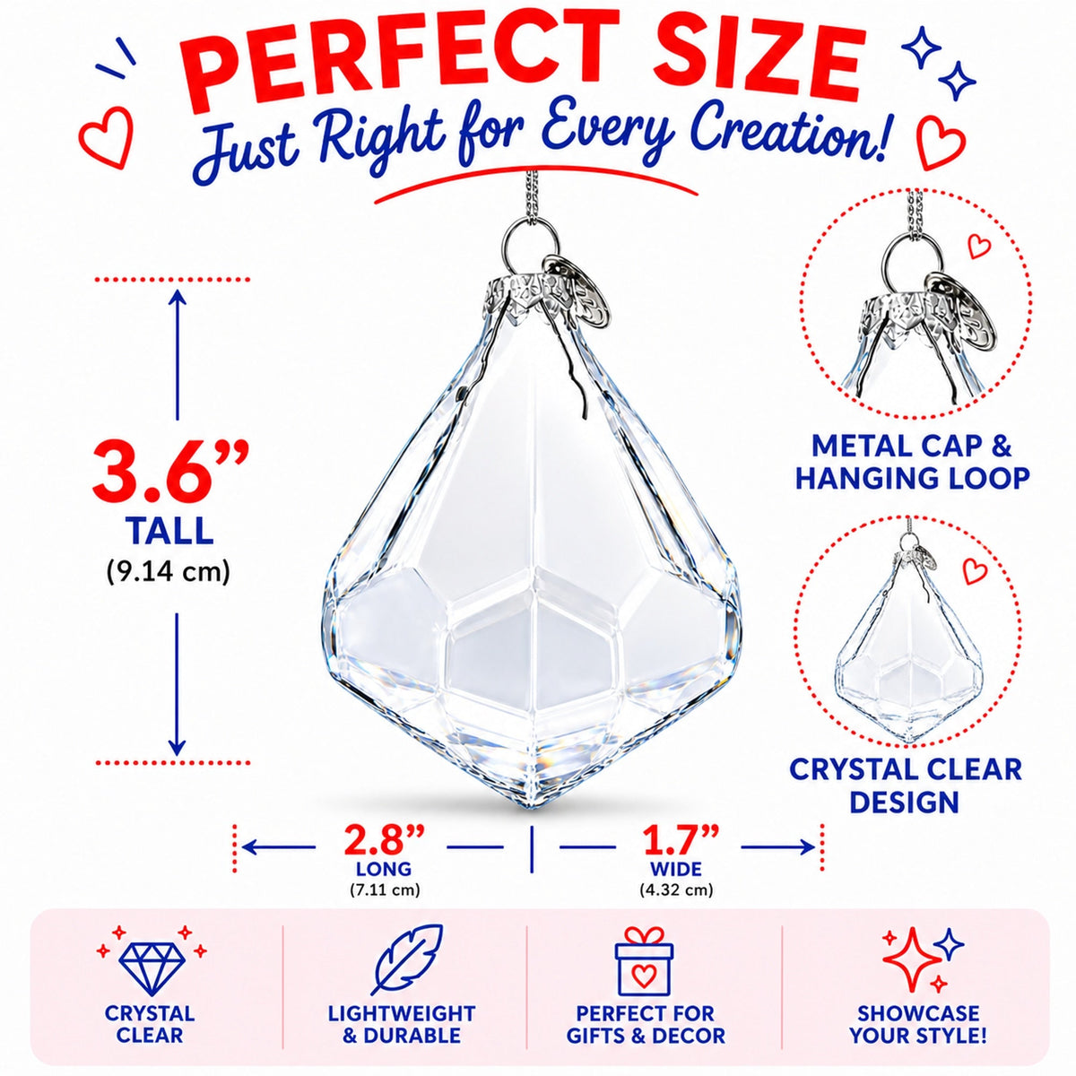 Diamond Shape Clear Glass Christmas Ornament 3.6 Inches