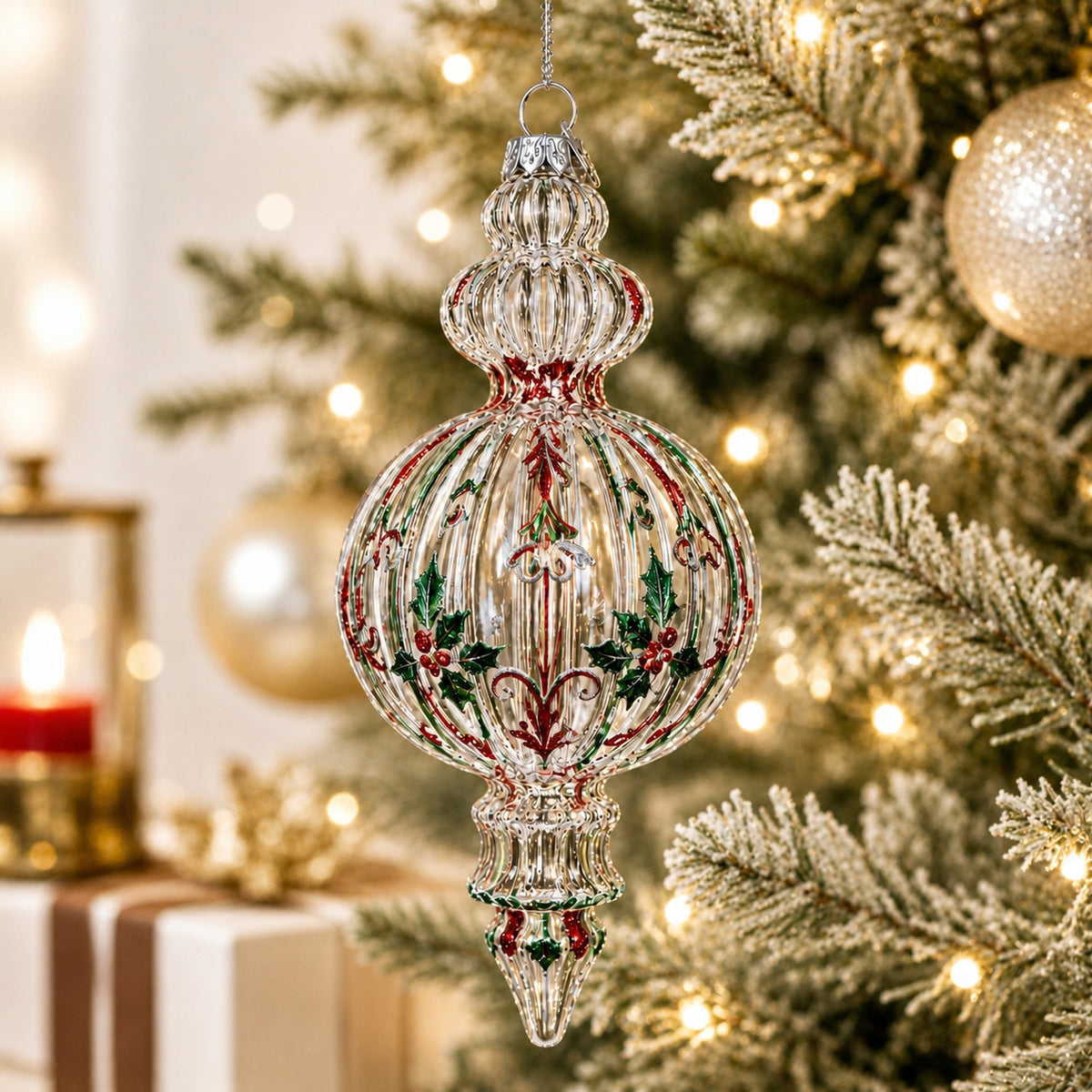 Triple Finial Clear Glass Christmas Ornament 6.7 Inches (170 mm)