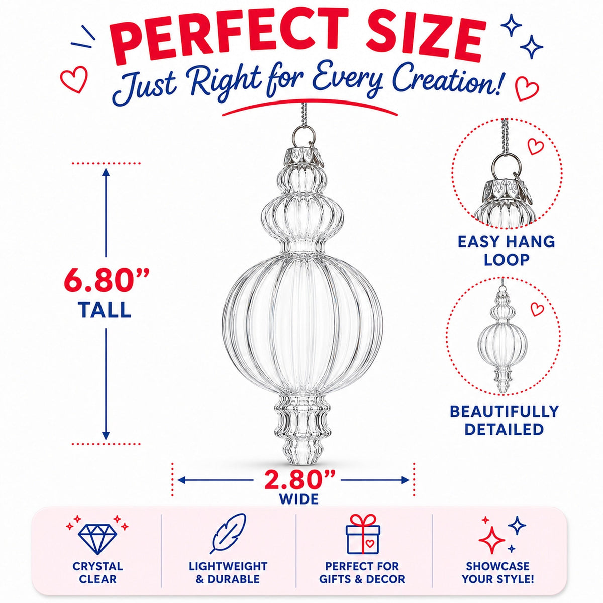 Triple Finial Clear Glass Christmas Ornament 6.7 Inches (170 mm)