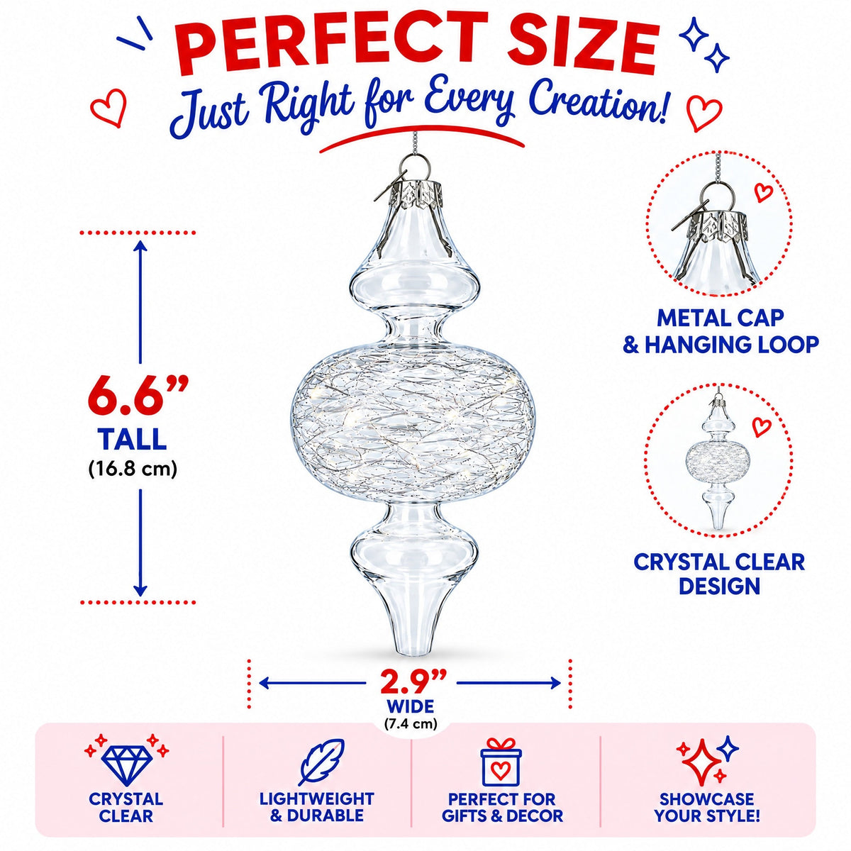 Triple Oval Finial Clear Glass Christmas Ornament 6.6 Inches