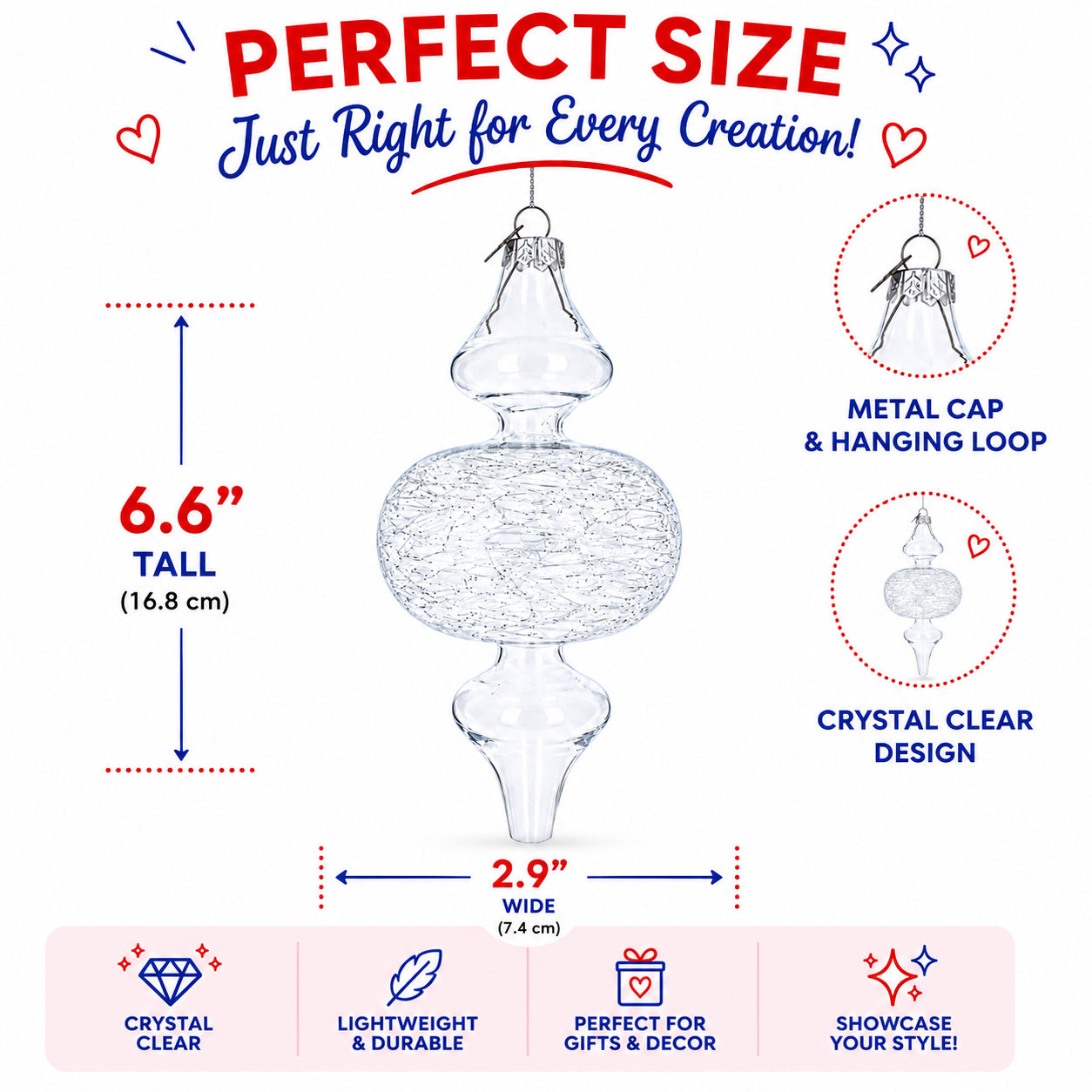 Triple Oval Finial Clear Glass Christmas Ornament 6.6 Inches