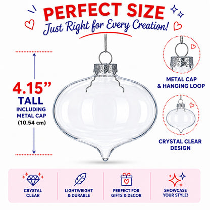 Set of 3 Onion Shape Clear Glass Christmas Ornament 4.15 Inches