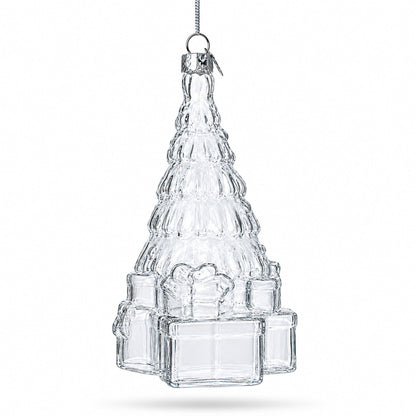 Gifts by Christmas Tree Clear Glass Christmas Ornament.
