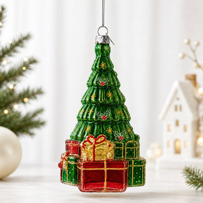 Gifts by Christmas Tree Clear Glass Christmas Ornament.