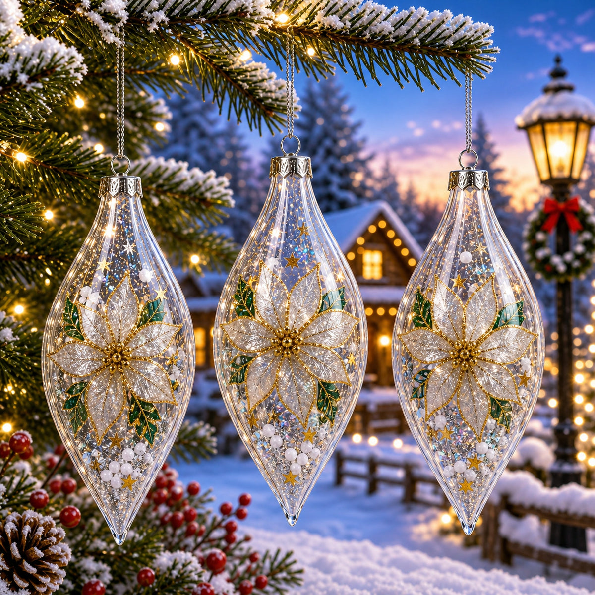 Set of 3 Oval Icicle Clear Glass Christmas Ornament 5.4 Inches