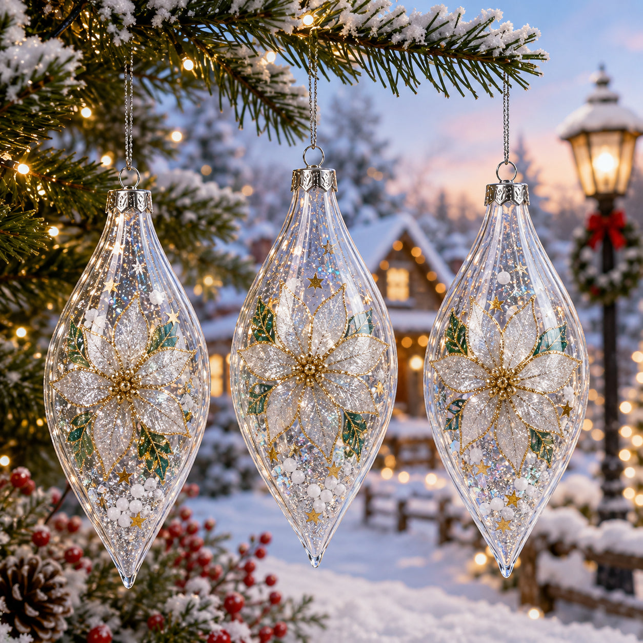 Set of 3 Oval Icicle Clear Glass Christmas Ornament 5.4 Inches