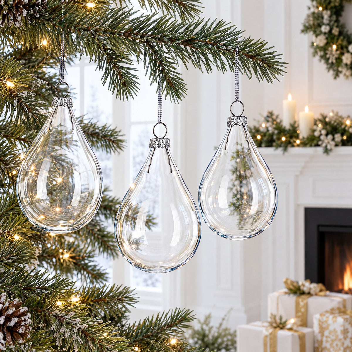 Set of 3 Water Drop Clear Glass Ornament 4.5 Inches