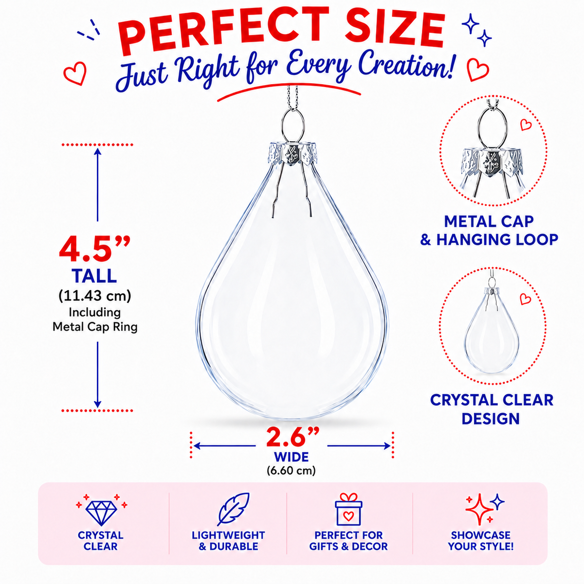 Set of 3 Water Drop Clear Glass Ornament 4.5 Inches