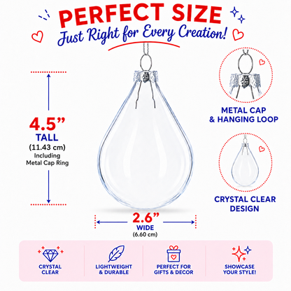 Set of 3 Water Drop Clear Glass Ornament 4.5 Inches