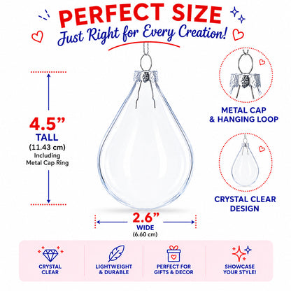 Set of 3 Water Drop Clear Glass Ornament 4.5 Inches