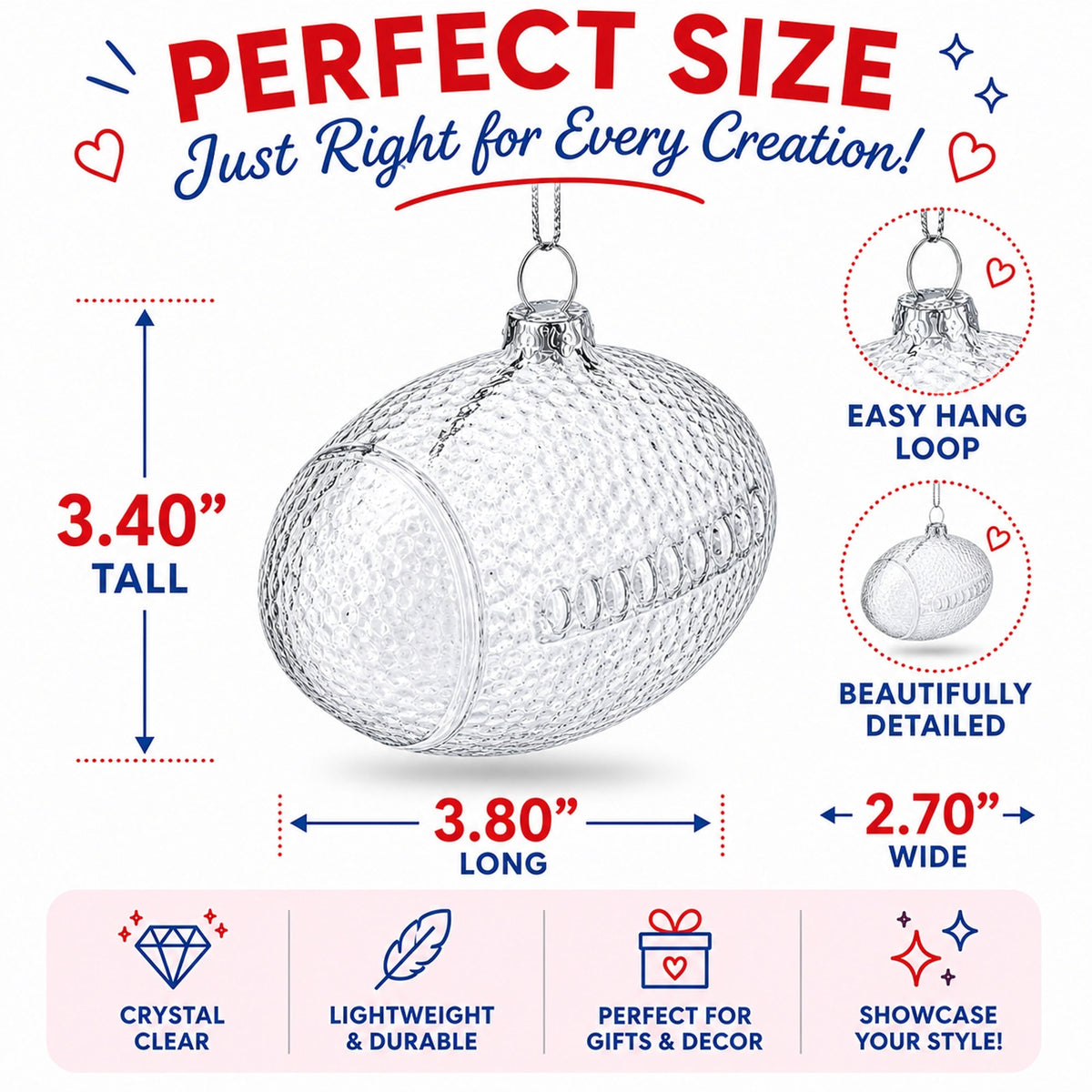 Football Clear Glass Christmas Ornament