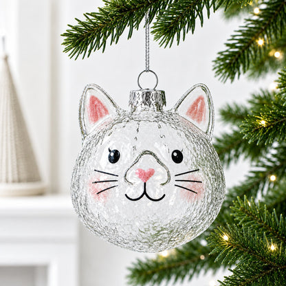 Mini Cat Head Clear Glass Christmas Ornament